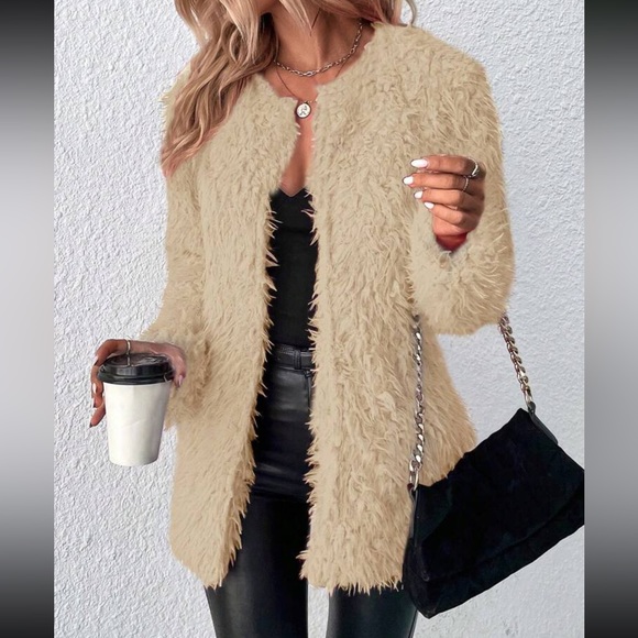 Luxe khaki cozy open front teddy coat jacket - Picture 4 of 6